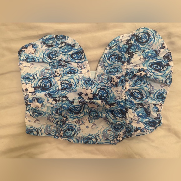 Revolve Ruched Corset Bodice Top in Blue Floral - Picture 2 of 6